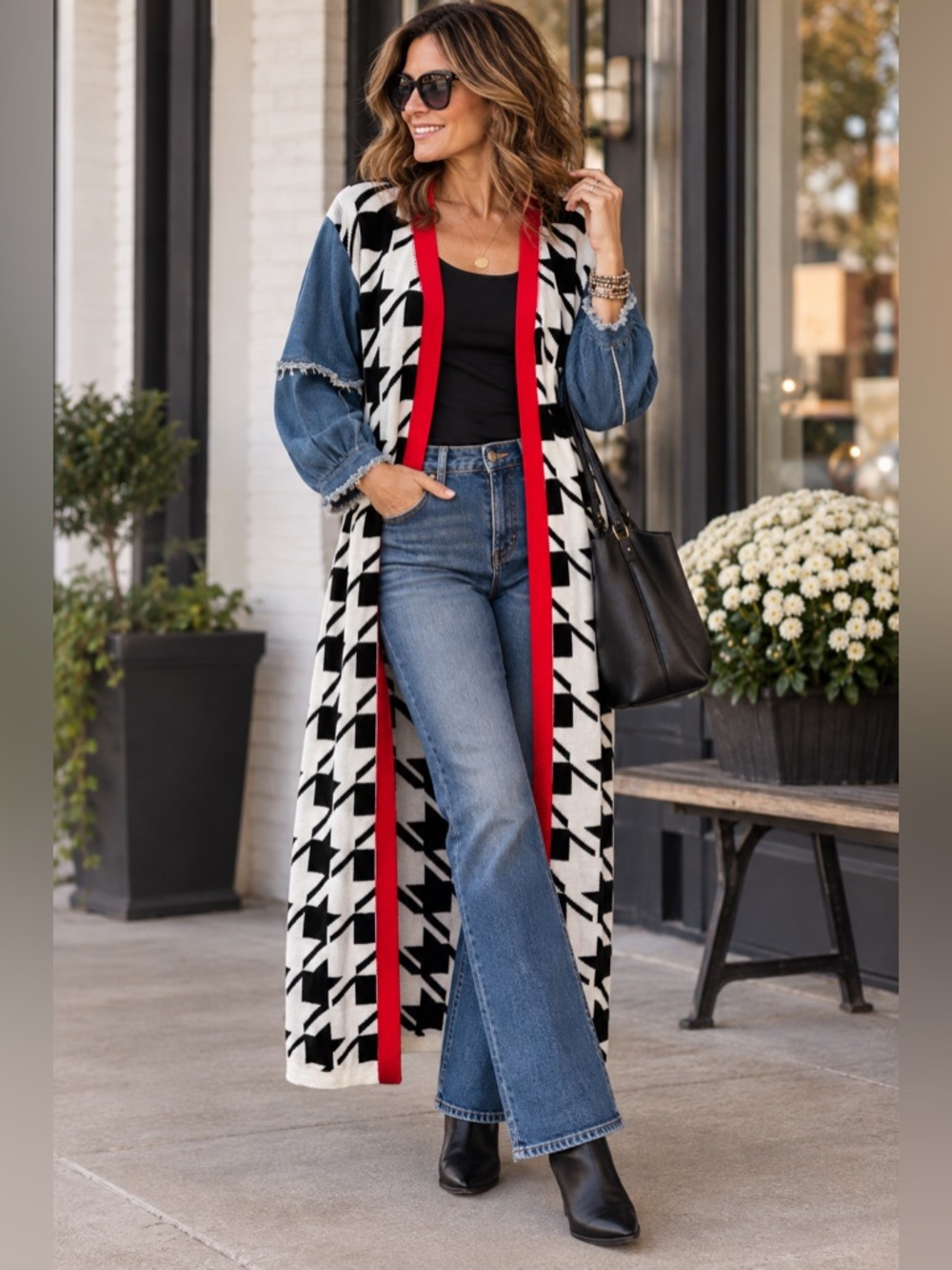Retro 80’s L/XL (est) Houndstooth Long Cardigan Denim Sleeve Duster Sweater